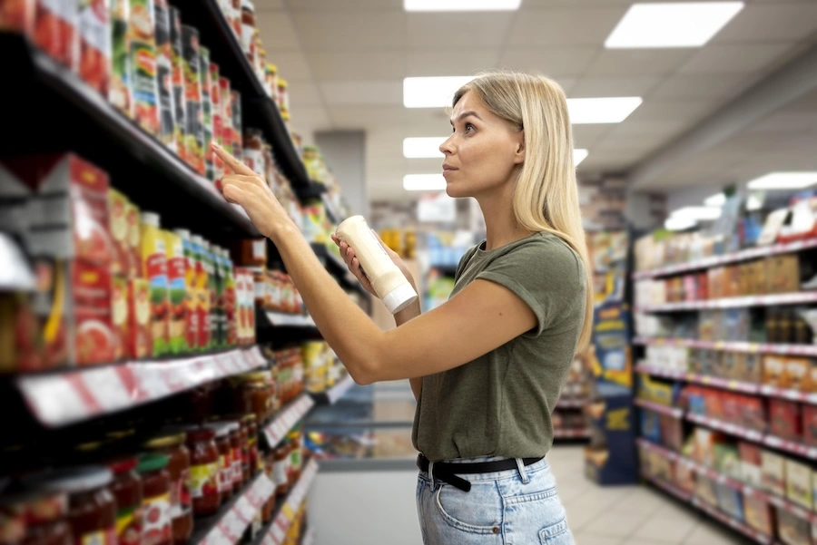 Une jeune femme en train de faire les courses dans un magasin de proximité