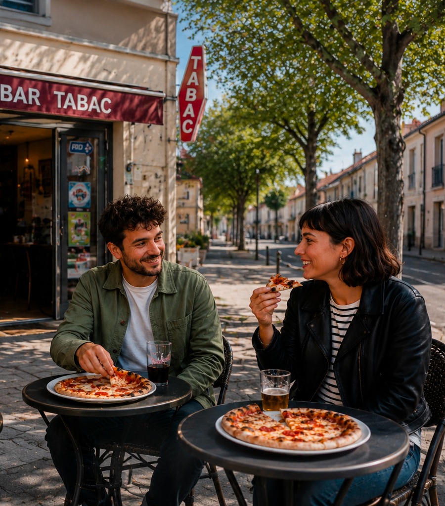 des gens degustent des pizzas sur la terrasse de bar tabac