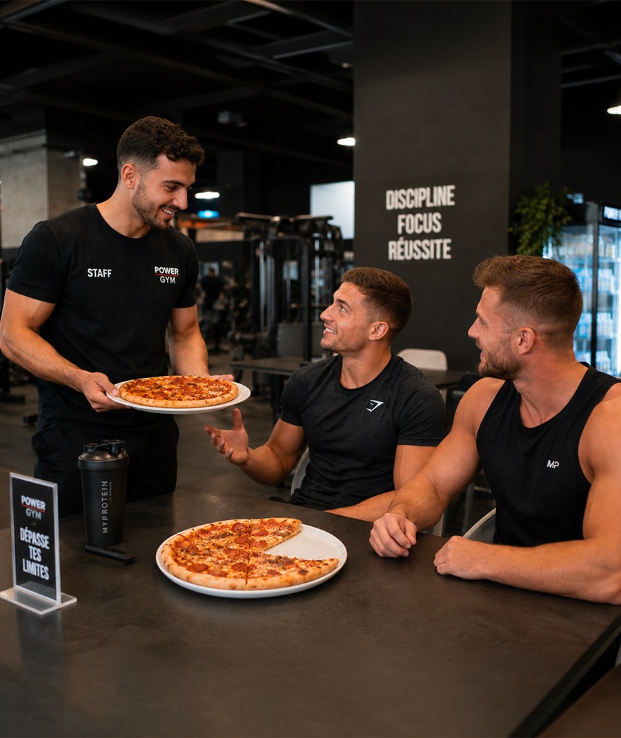 deux hommes recoivent leur pizza apres une session de sport