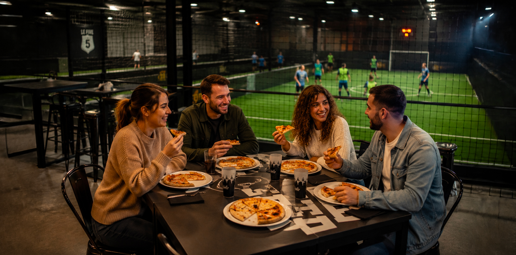 groupe degustent une pizza apres match de football