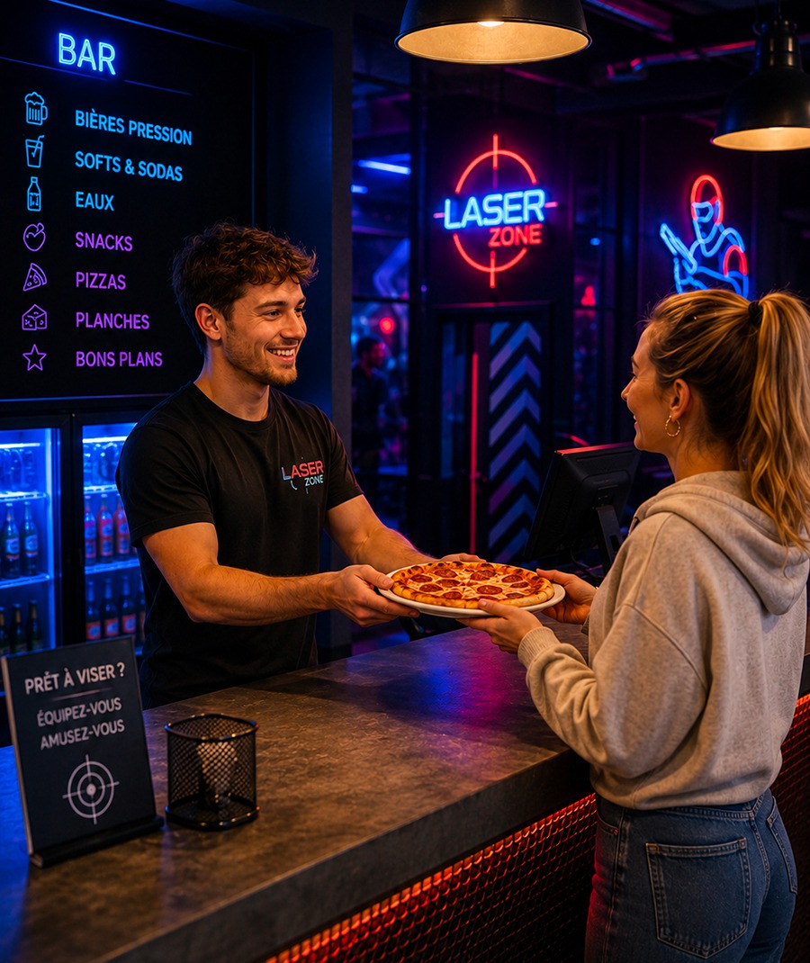 un employe de laser game sert une pizza a unce cliente