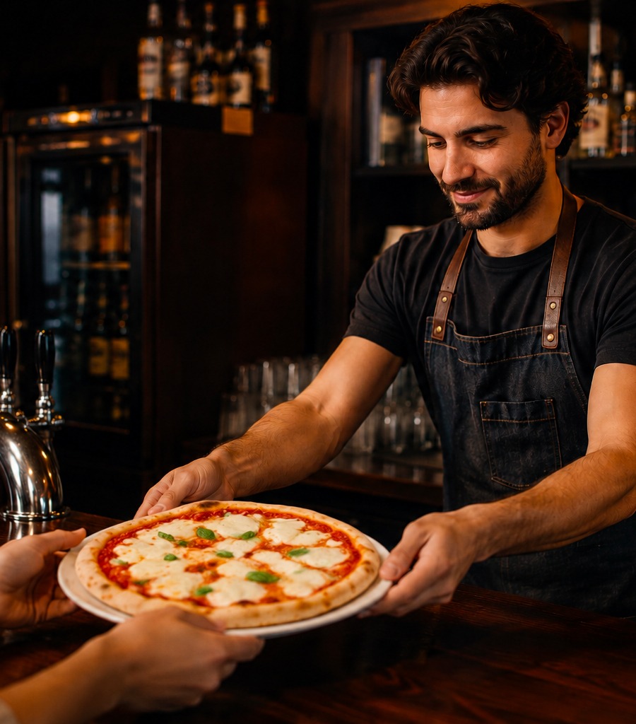un serveur donne une pizza a un client